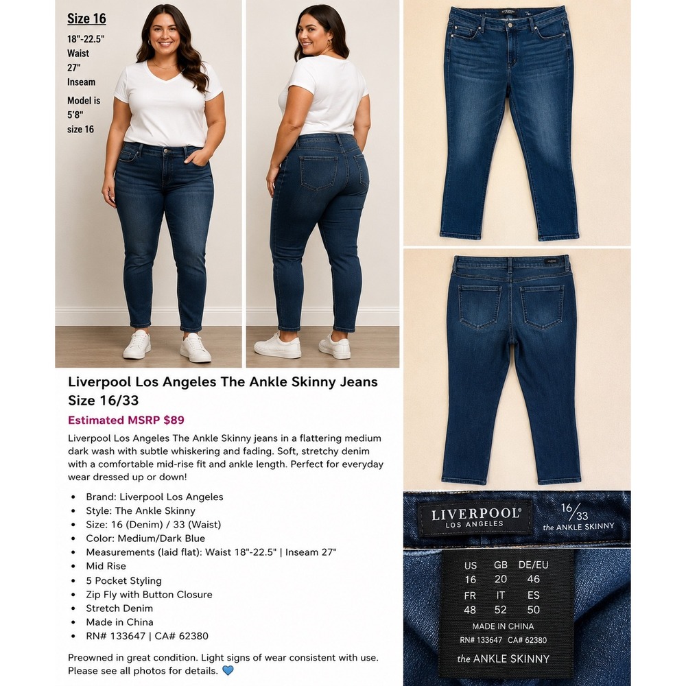 Liverpool Los Angeles The Ankle Skinny Jeans Size 16/33 Dark Wash MSRP $89 - Picture 4 of 7